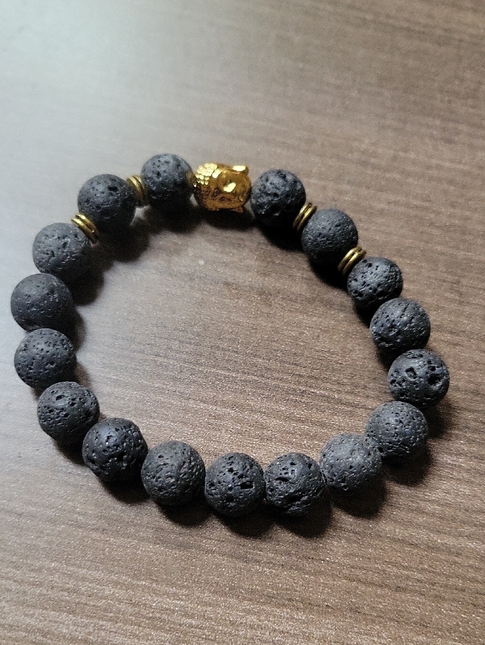 Womens Black Lava Stone Beaded Bracelet with Gold Accent